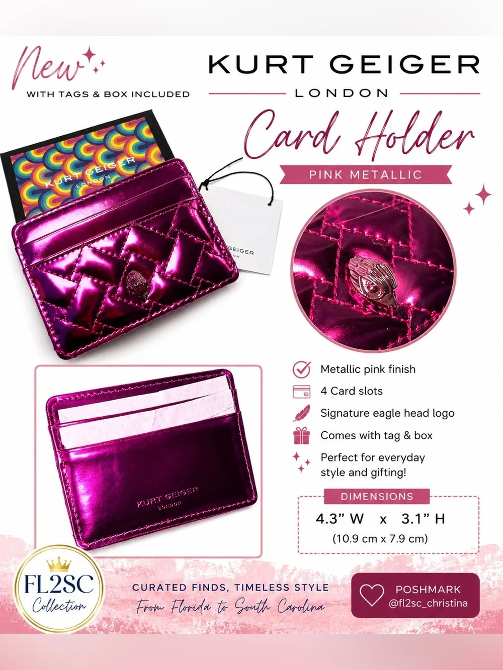 NWT Kurt Geiger Metallic Fuchsia Quilted Card Wallet